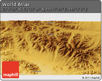 Physical 3D Map of the Area around 63° 21' 9" N, 144° 34' 29" E