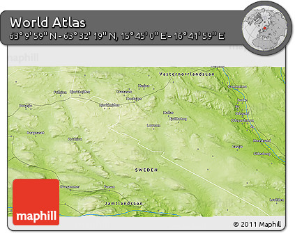 Physical 3D Map of the Area around 63° 21' 9" N, 16° 13' 30" E