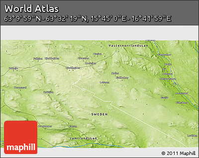 Physical 3D Map of the Area around 63° 21' 9" N, 16° 13' 30" E