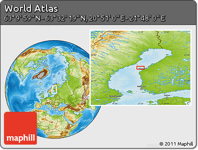 Physical Location Map of the Area around 63° 21' 9" N, 21° 19' 30" E