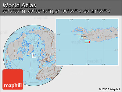 Gray Location Map of the Area around 63° 21' 9" N, 21° 10' 29" W