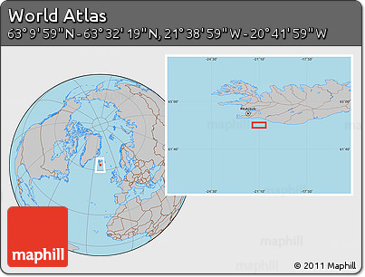 Gray Location Map of the Area around 63° 21' 9" N, 21° 10' 29" W