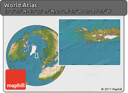 Satellite Location Map of the Area around 63° 21' 9" N, 21° 10' 29" W