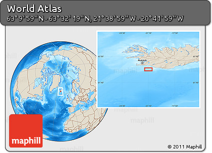 Shaded Relief Location Map of the Area around 63° 21' 9" N, 21° 10' 29" W
