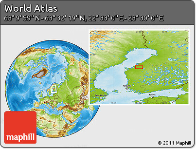 Physical Location Map of the Area around 63° 21' 9" N, 23° 1' 29" E