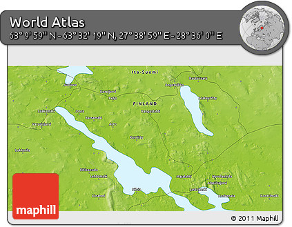 Physical 3D Map of the Area around 63° 21' 9" N, 28° 7' 30" E