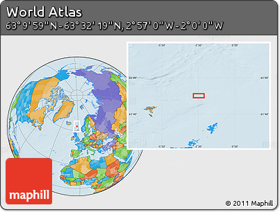 Political Location Map of the Area around 63° 21' 9" N, 2° 28' 30" W