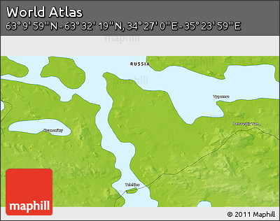 Physical 3D Map of the Area around 63° 21' 9" N, 34° 55' 29" E