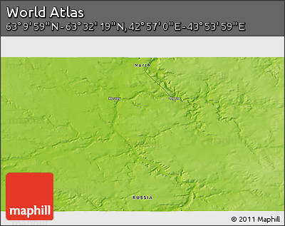 Physical 3D Map of the Area around 63° 21' 9" N, 43° 25' 29" E
