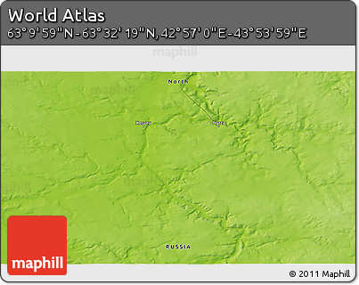 Physical 3D Map of the Area around 63° 21' 9" N, 43° 25' 29" E