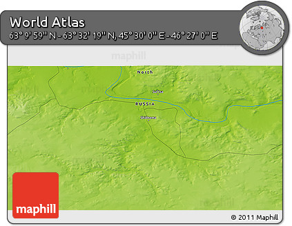Physical 3D Map of the Area around 63° 21' 9" N, 45° 58' 30" E