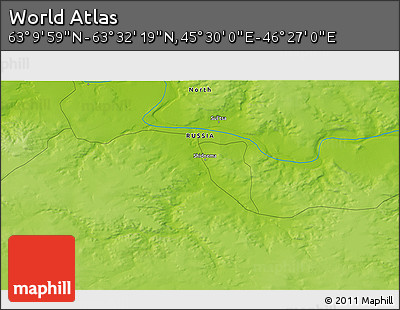 Physical 3D Map of the Area around 63° 21' 9" N, 45° 58' 30" E