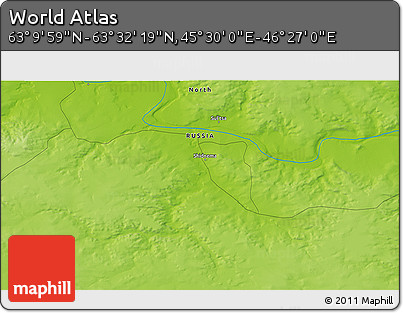 Physical 3D Map of the Area around 63° 21' 9" N, 45° 58' 30" E