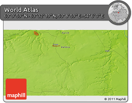 Physical 3D Map of the Area around 63° 21' 9" N, 53° 37' 30" E