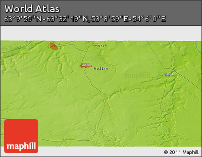 Physical 3D Map of the Area around 63° 21' 9" N, 53° 37' 30" E