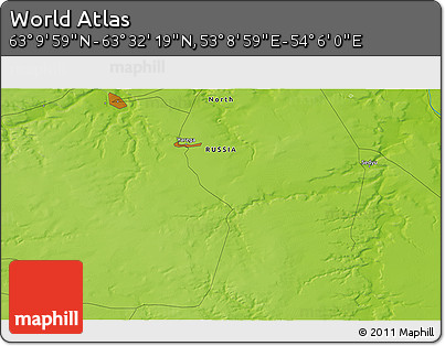 Physical 3D Map of the Area around 63° 21' 9" N, 53° 37' 30" E
