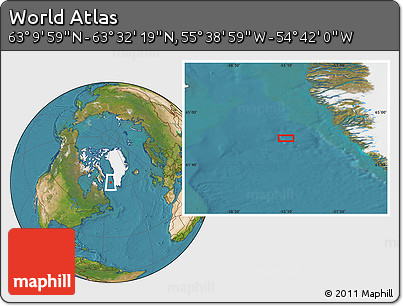 Satellite Location Map of the Area around 63° 21' 9" N, 55° 10' 29" W