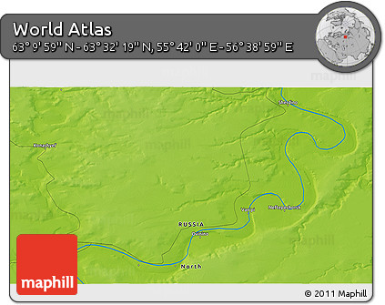 Physical 3D Map of the Area around 63° 21' 9" N, 56° 10' 29" E