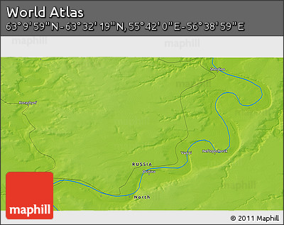 Physical 3D Map of the Area around 63° 21' 9" N, 56° 10' 29" E