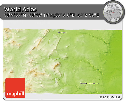 Physical 3D Map of the Area around 63° 21' 9" N, 59° 34' 30" E