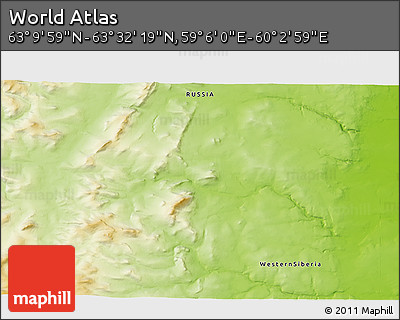 Physical 3D Map of the Area around 63° 21' 9" N, 59° 34' 30" E
