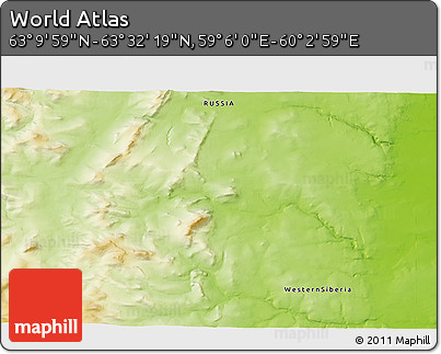 Physical 3D Map of the Area around 63° 21' 9" N, 59° 34' 30" E