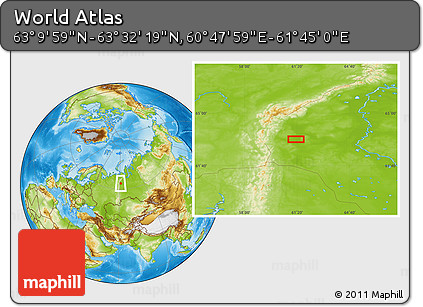 Physical Location Map of the Area around 63° 21' 9" N, 61° 16' 29" E