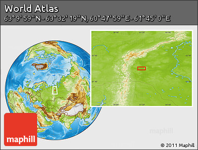 Physical Location Map of the Area around 63° 21' 9" N, 61° 16' 29" E