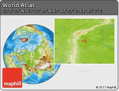 Physical Location Map of the Area around 63° 21' 9" N, 61° 16' 29" E