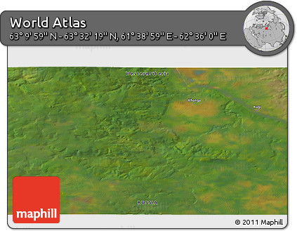Satellite 3D Map of the Area around 63° 21' 9" N, 62° 7' 30" E
