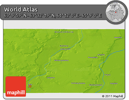 Physical 3D Map of the Area around 63° 21' 9" N, 64° 40' 30" E