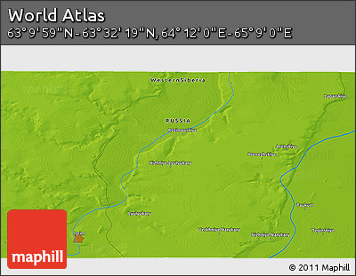Physical 3D Map of the Area around 63° 21' 9" N, 64° 40' 30" E
