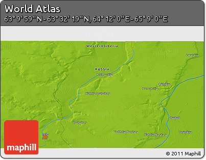 Physical 3D Map of the Area around 63° 21' 9" N, 64° 40' 30" E