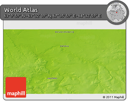 Physical 3D Map of the Area around 63° 21' 9" N, 68° 4' 29" E