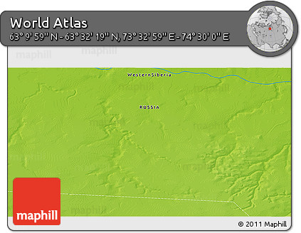 Physical 3D Map of the Area around 63° 21' 9" N, 74° 1' 30" E