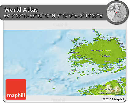 Physical 3D Map of the Area around 63° 21' 9" N, 7° 43' 29" E