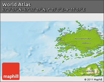 Physical 3D Map of the Area around 63° 21' 9" N, 7° 43' 29" E