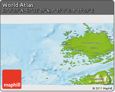 Physical 3D Map of the Area around 63° 21' 9" N, 7° 43' 29" E