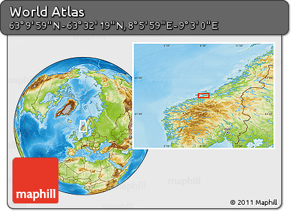 Physical Location Map of the Area around 63° 21' 9" N, 8° 34' 29" E