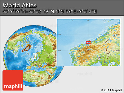Physical Location Map of the Area around 63° 21' 9" N, 8° 34' 29" E
