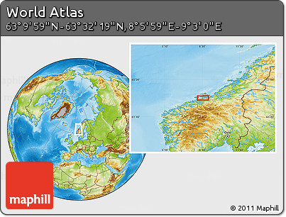 Physical Location Map of the Area around 63° 21' 9" N, 8° 34' 29" E