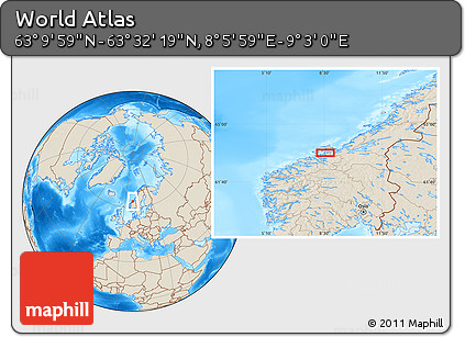 Shaded Relief Location Map of the Area around 63° 21' 9" N, 8° 34' 29" E