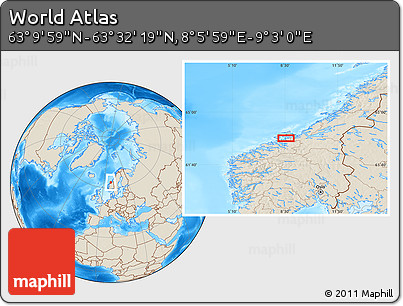 Shaded Relief Location Map of the Area around 63° 21' 9" N, 8° 34' 29" E