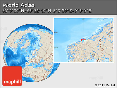 Shaded Relief Location Map of the Area around 63° 21' 9" N, 8° 34' 29" E