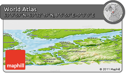 Physical Panoramic Map of the Area around 63° 21' 9" N, 8° 34' 29" E