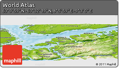 Physical Panoramic Map of the Area around 63° 21' 9" N, 8° 34' 29" E