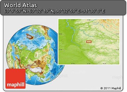 Physical Location Map of the Area around 63° 21' 9" N, 91° 1' 30" E