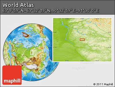 Physical Location Map of the Area around 63° 21' 9" N, 91° 1' 30" E
