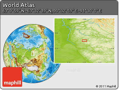 Physical Location Map of the Area around 63° 21' 9" N, 91° 1' 30" E
