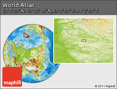 Physical Location Map of the Area around 63° 21' 9" N, 93° 34' 29" E